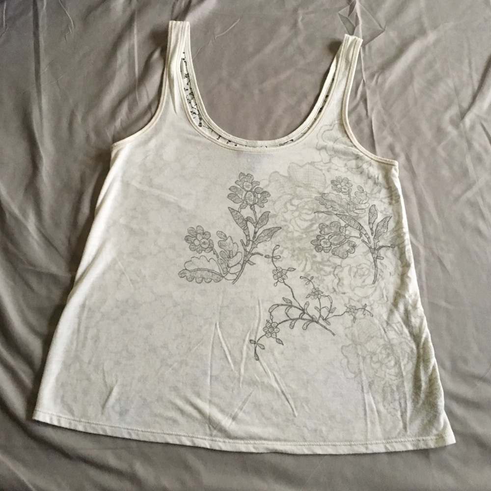 American Eagle White Tank Top W/ Flowers/Lace Back